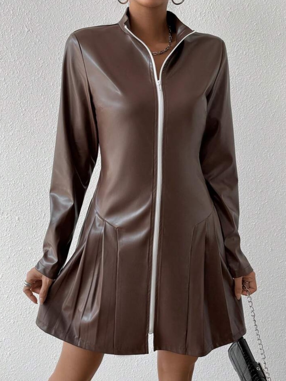Brown Faux Leather Zip-Front Mini Dress